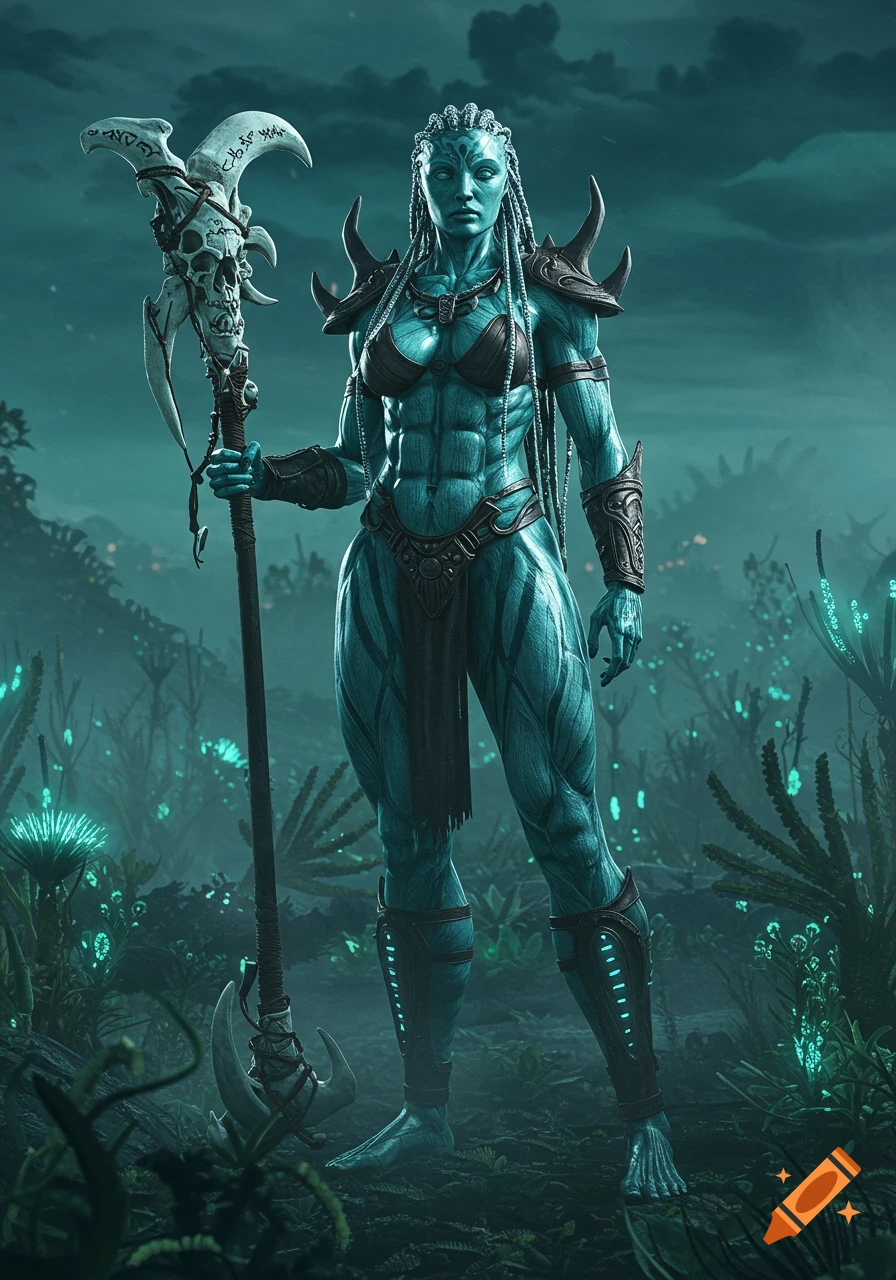 A muscular blue alien woman warrior with braids holds a skull-adorned staff in a misty, bioluminescent alien jungle.
