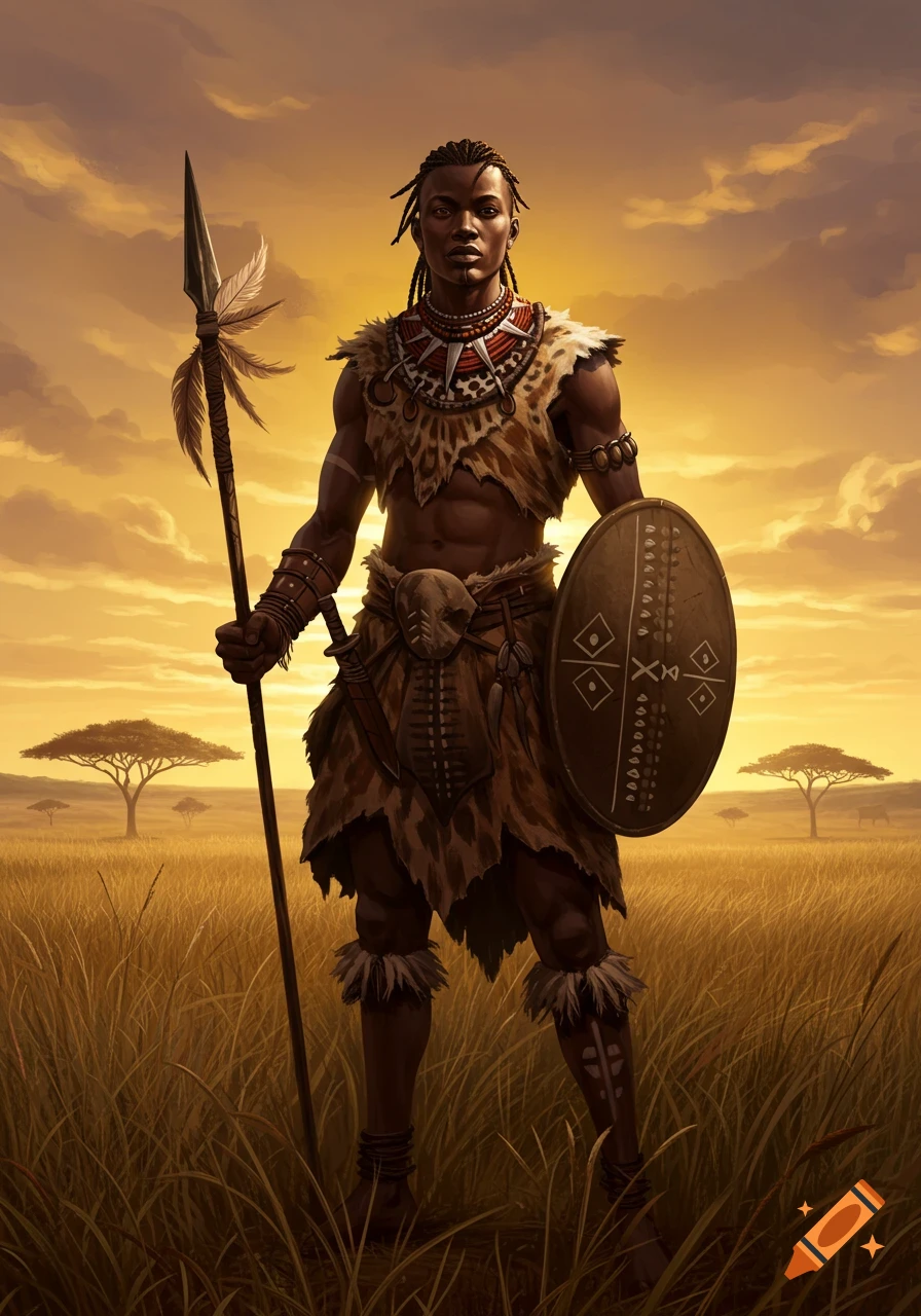 An African warrior in animal hide clothing holds a spear and shield, standing in a golden savanna at sunset.