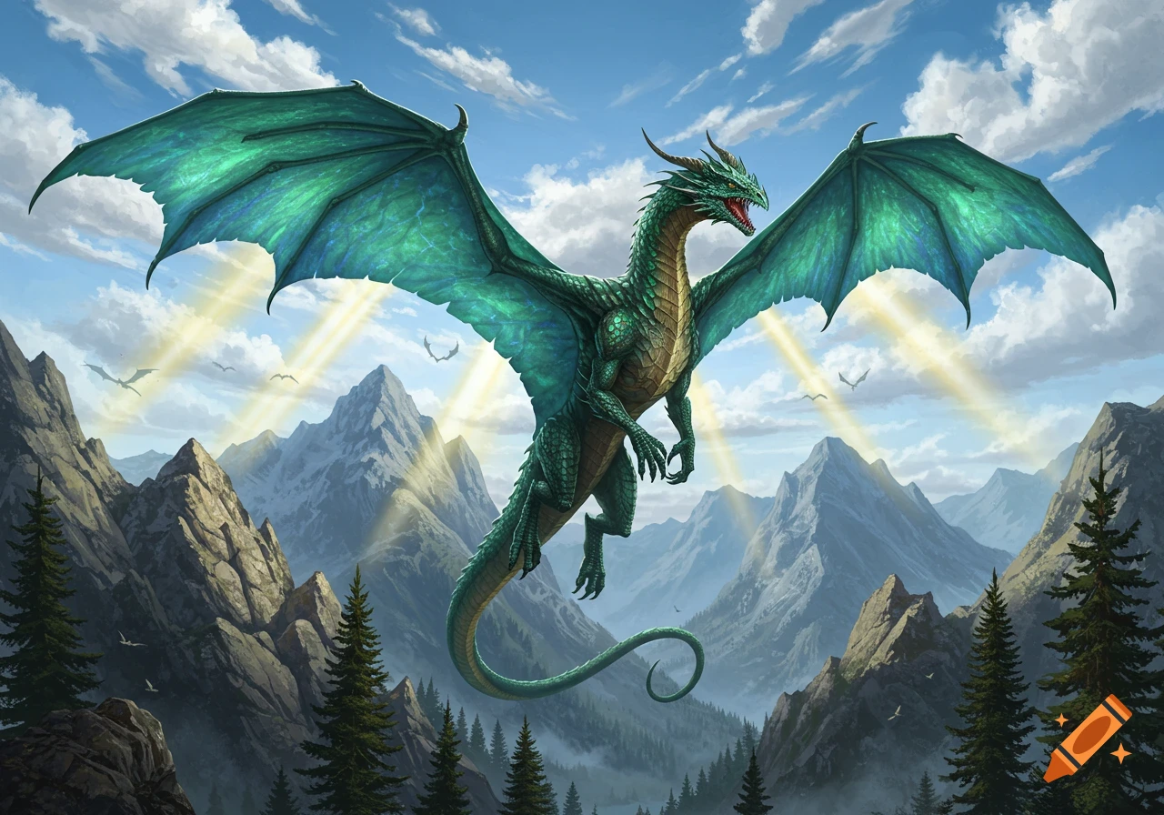 A majestic green dragon with large wings soars over a rugged mountain range and pine forest under a clear blue sky with sun rays.