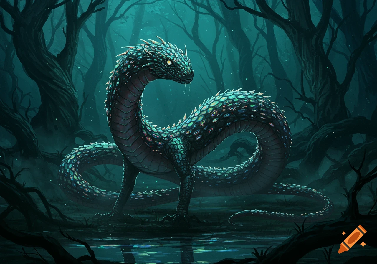A serpentine cryptid with teal, iridescent scales and many eyes stands in a dark, misty forest with twisted trees.
