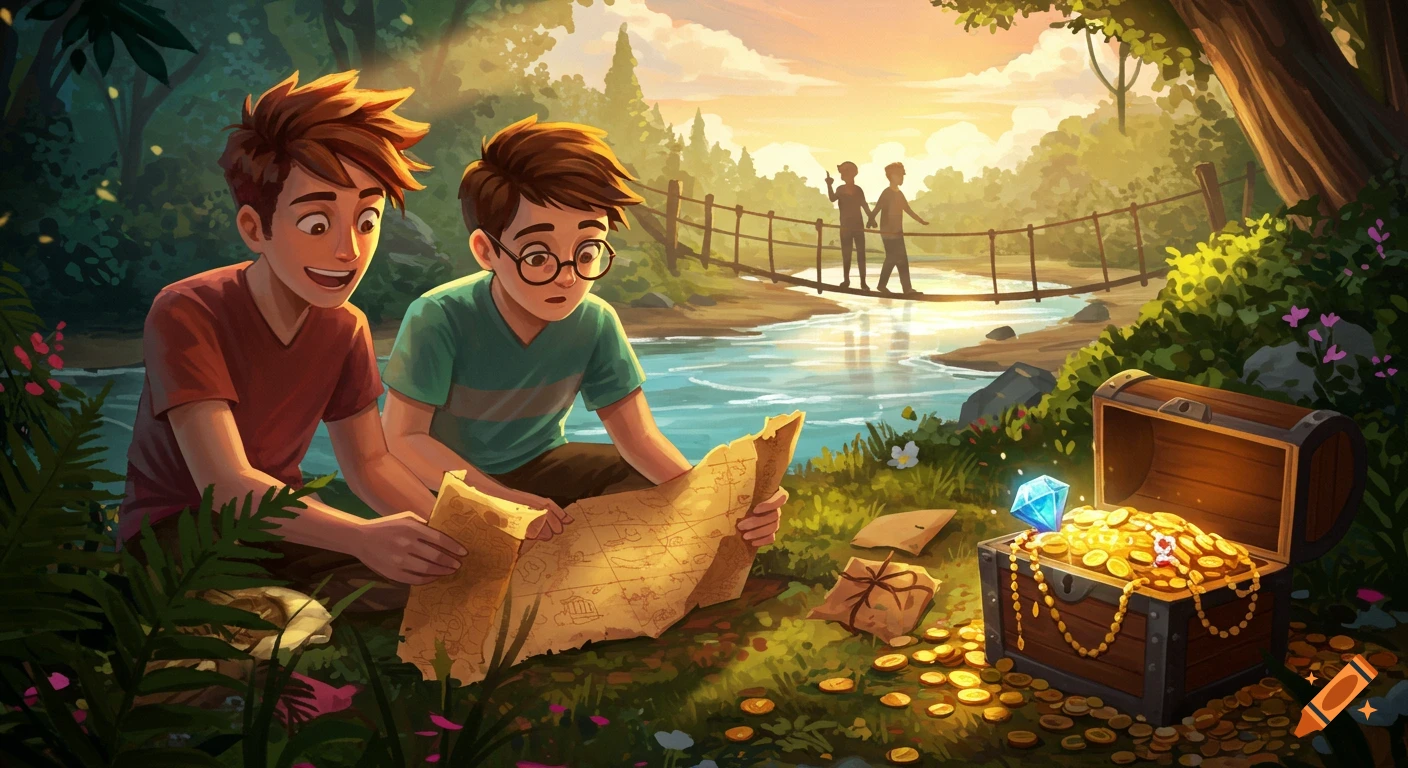 Vibrant illustration of two boys on a treasure hunt, examining a map in a lush forest next to an open treasure chest filled with gold and jewels.