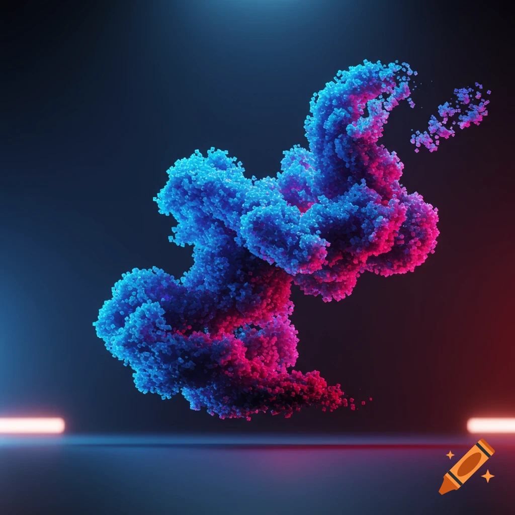 A vibrant blue and pink pixelated smoke effect floats in a dark space with neon lights.