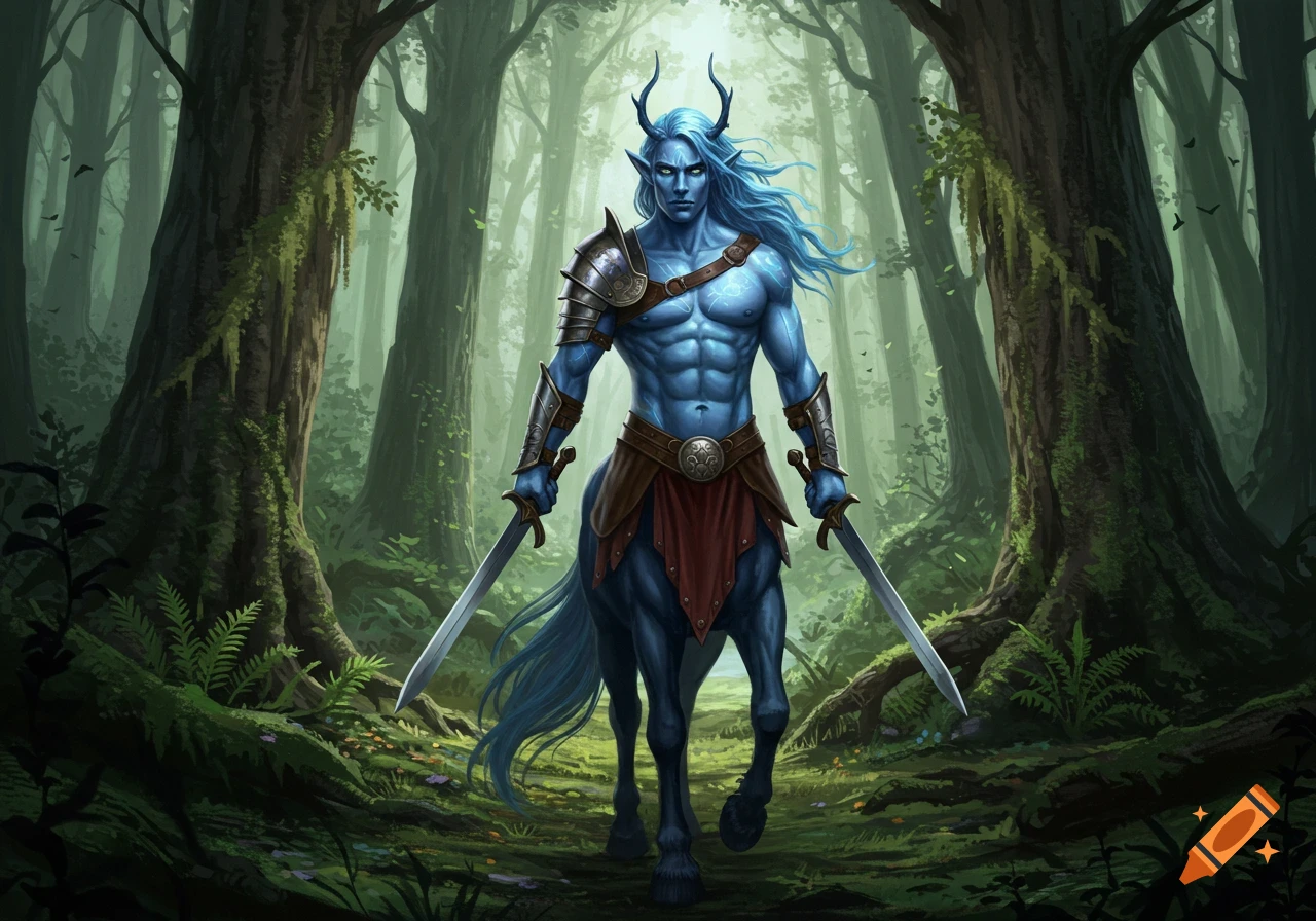 A blue-skinned, blue-haired male centaur in gladiator armor, holding two swords, walks through a lush forest.