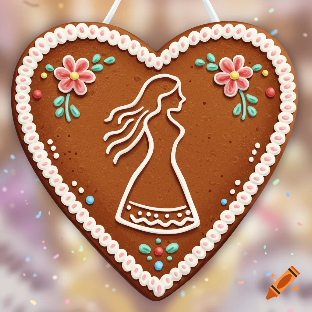 A heart-shaped gingerbread cookie decorated with a white icing silhouette of a woman, pink flowers, green leaves, and colorful dots.