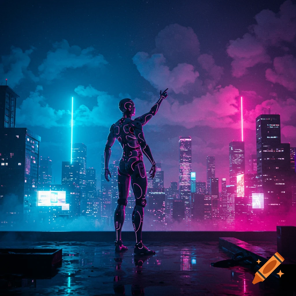 A glowing robot on a wet rooftop overlooks a neon-lit futuristic cityscape at night, under a sky split with pink and blue clouds.
