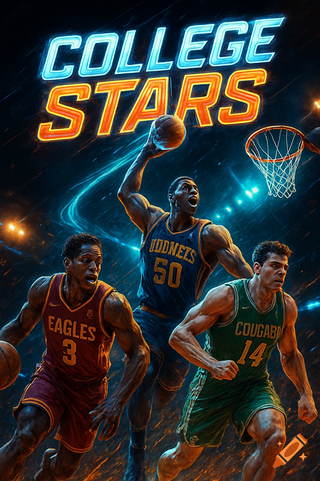 A vibrant basketball video game cover titled 'COLLEGE STARS' featuring three muscular players in action on a dark court.