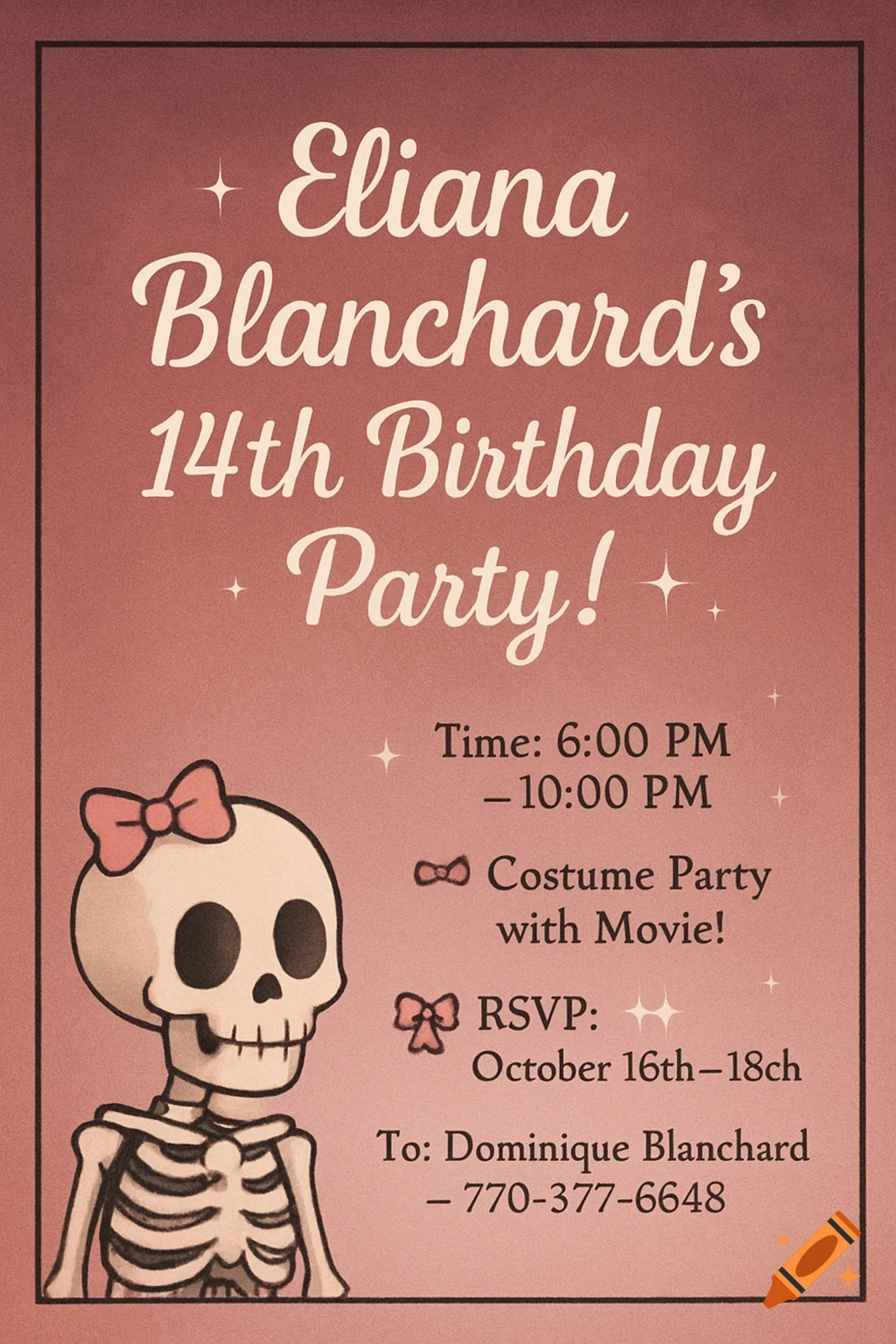 A dusty pink birthday party invitation for Eliana Blanchard's 14th birthday. It features a cartoon skeleton with a pink bow and details about the costume party, time, and RSVP information.