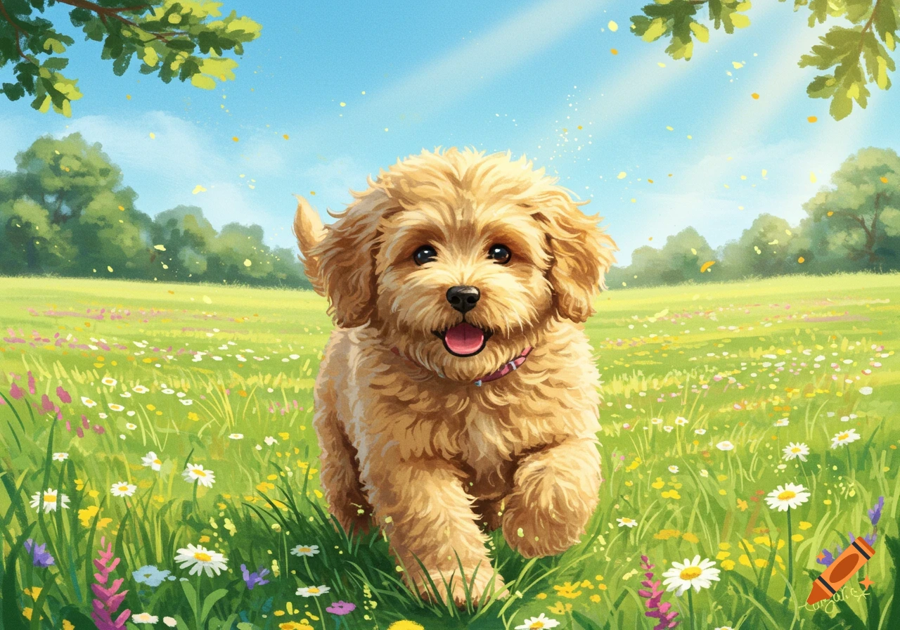 A fluffy light brown puppy with a pink collar happily runs through a sunny green field filled with colorful wildflowers, illustration.