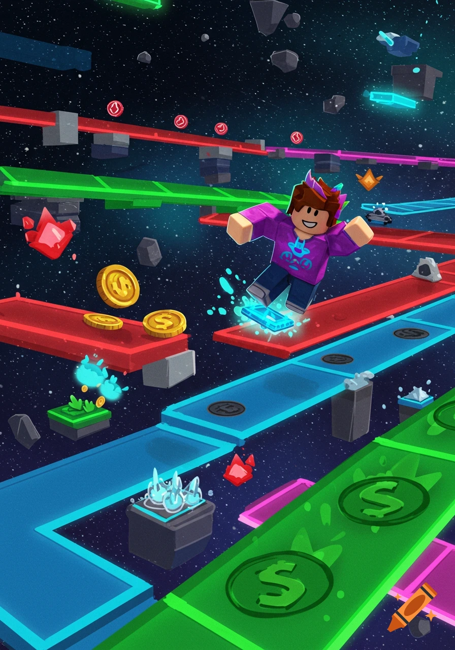A blocky Roblox-style character on a hoverboard races on a colorful obstacle course in space, collecting coins and gems.