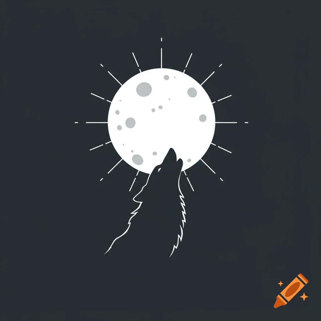 A minimalist illustration of a wolf howling at a stylized full moon with radiating lines against a dark background.