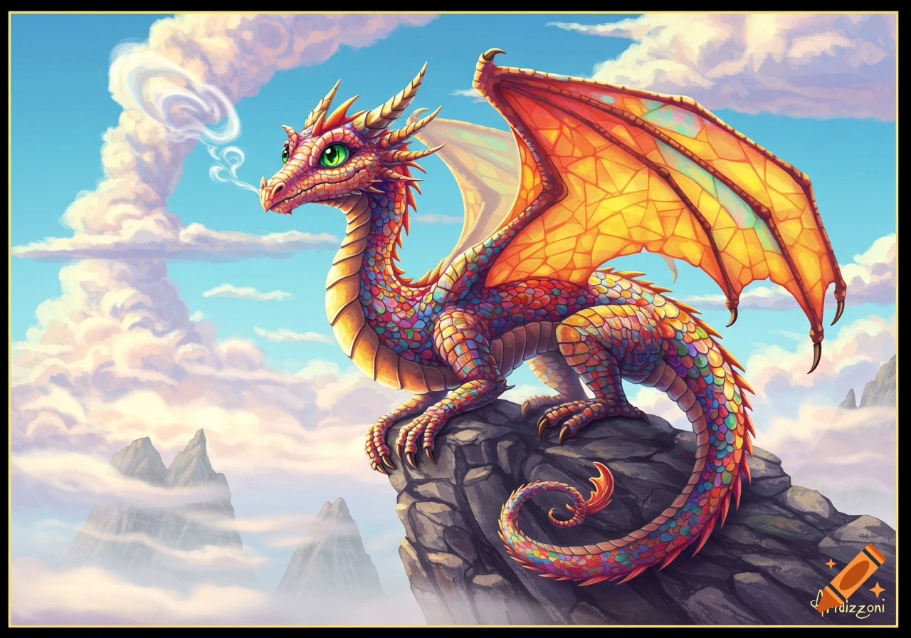A colorful fantasy dragon with green eyes and orange wings perches on a rocky peak amidst clouds and distant mountains.