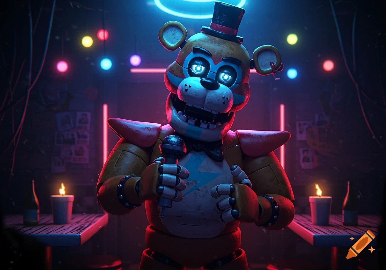 Freddy Fazbear, a brown animatronic bear with a top hat and glowing blue eyes, holds a microphone on a neon-lit stage.