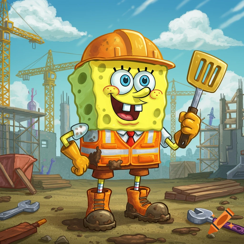 Spongebob Squarepants, dressed as a construction worker in a hard hat and safety vest, holds a spatula and trowel at a construction site.
