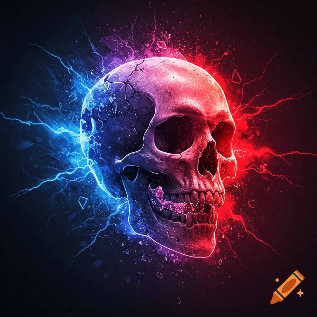A stylized skull, half blue with lightning, half red with crackling energy, on a dark background.