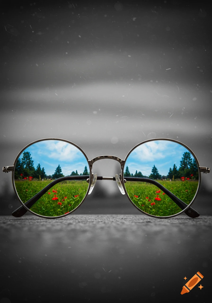 Close-up of round-rimmed glasses showing a vibrant field with red flowers and trees through the lenses, and a grayscale background outside.