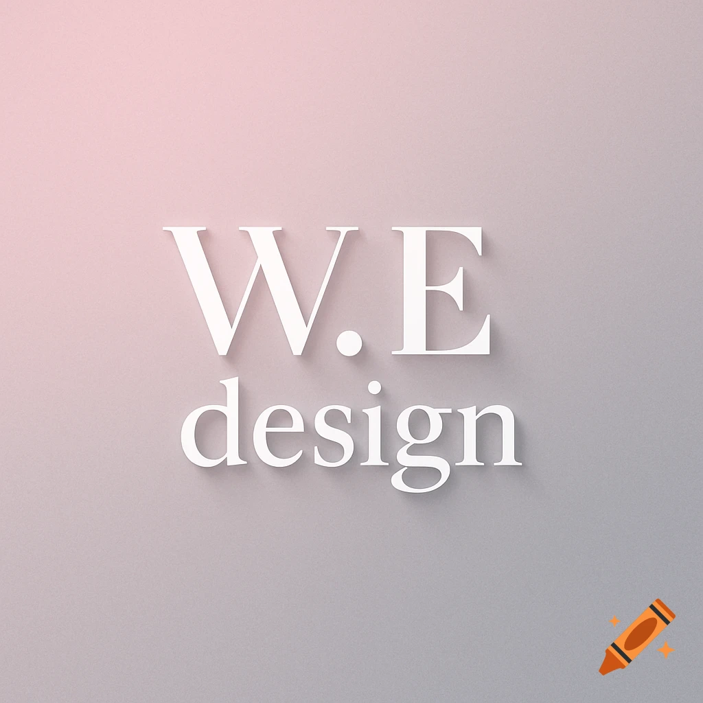 White "W.E design" text with drop shadows on a gradient background from baby pink to gray.