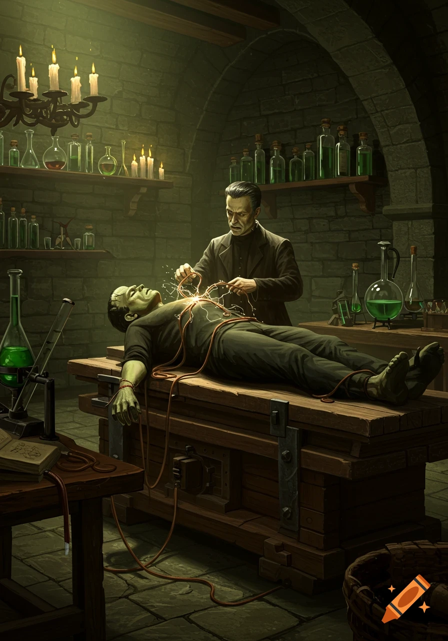 Dr. Frankenstein connects glowing wires to his monster on a lab table, surrounded by bottles and candles in a dark, atmospheric chamber.
