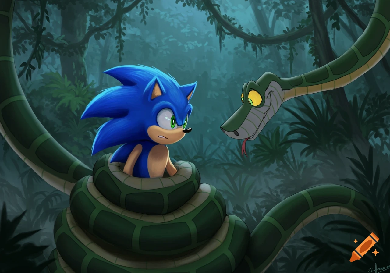Sonic the Hedgehog looks scared while tightly coiled by Kaa the snake in a dark jungle scene.