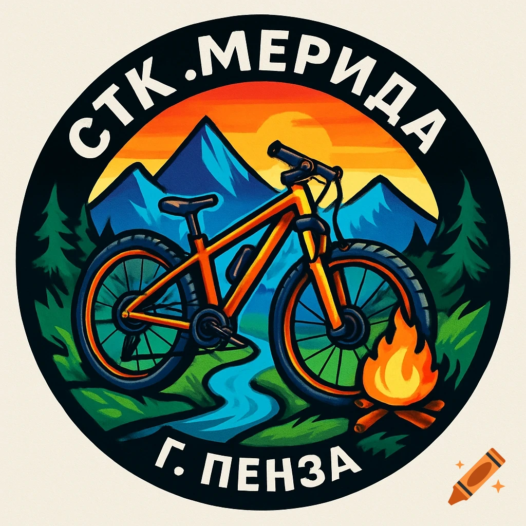 A circular logo featuring an orange mountain bike, blue mountains, a river, trees, sunset, and a campfire. Russian text 'СТК.МЕРИДА' and 'Г. ПЕНЗА'.