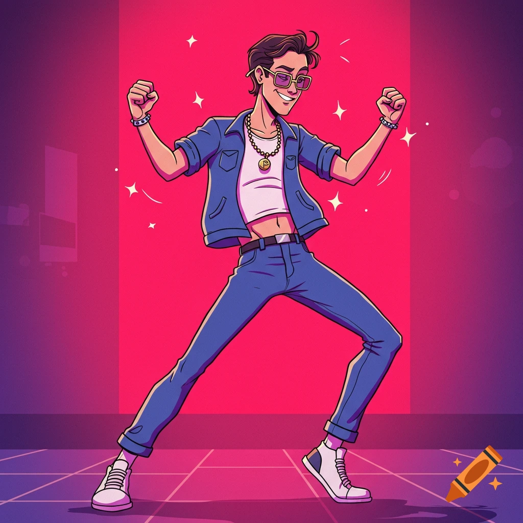 A cartoon man in sunglasses, a denim jacket, and a crop top does an exaggerated dance pose against a pink and purple retro background.