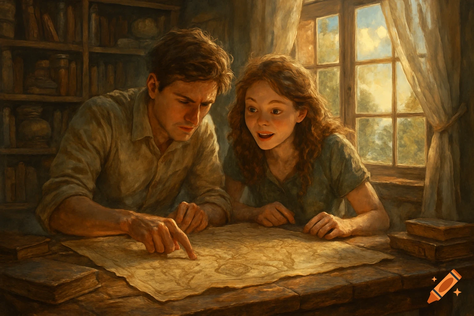 A man and a young woman intently examining an old map on a wooden table in a warm, painterly room with bookshelves.