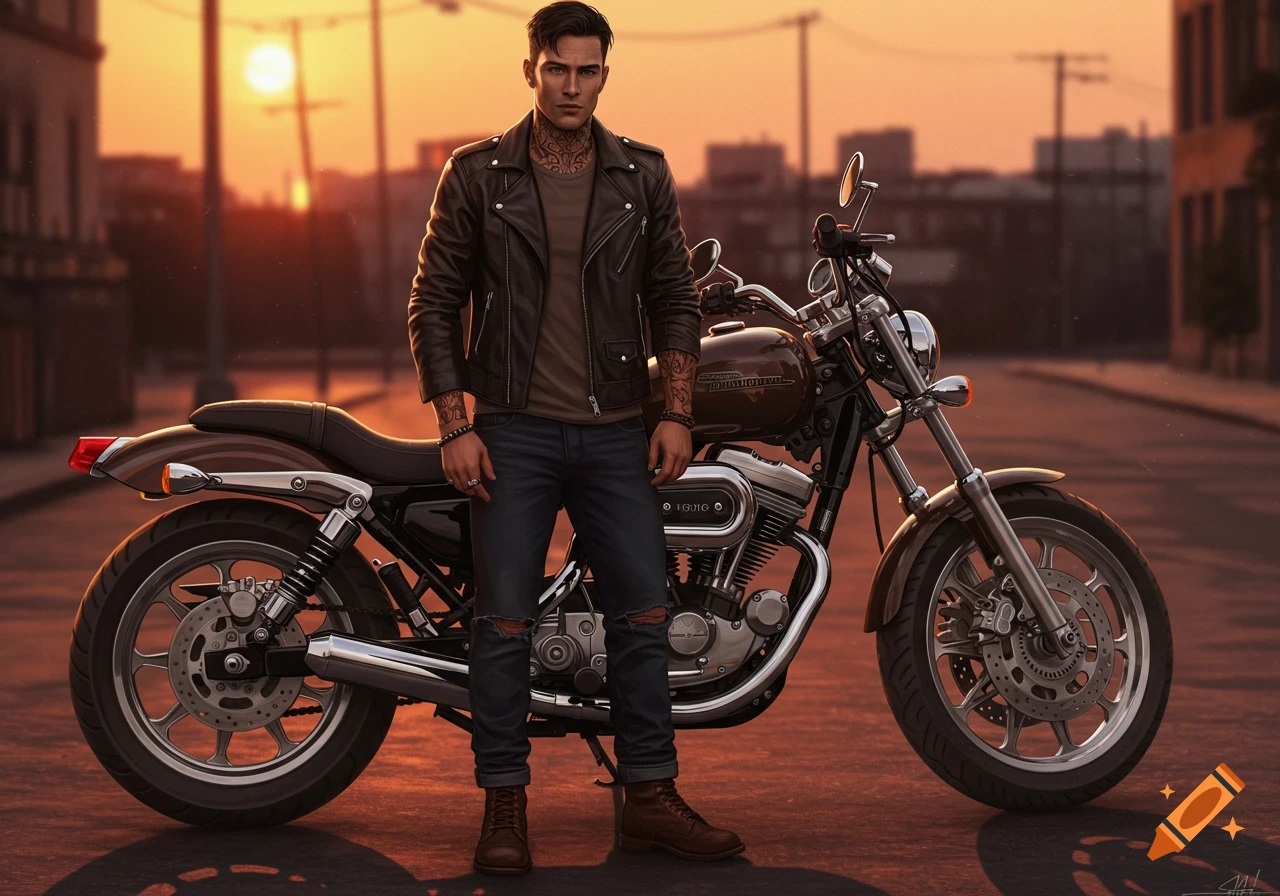 A man in a leather jacket and jeans stands next to a motorcycle at sunset on an urban street.
