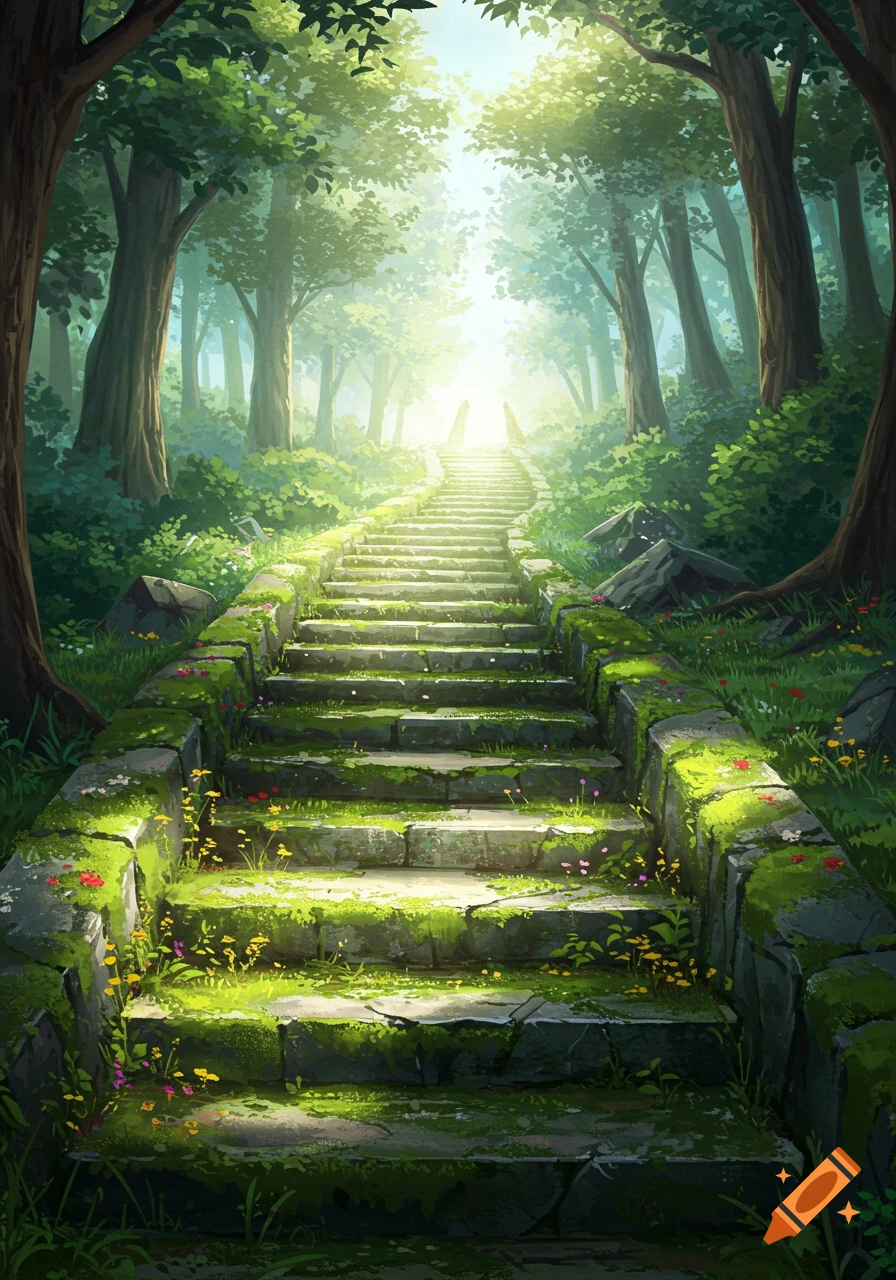 Moss-covered stone steps ascend through a bright, sunlit fantasy forest filled with lush green trees and foliage.