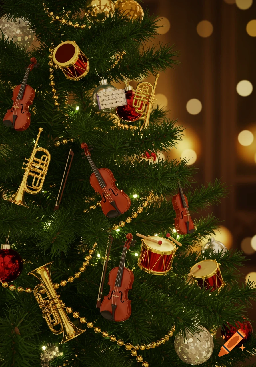 Close-up of a green Christmas tree adorned with musical instrument ornaments like violins, trumpets, and drums, along with gold garlands.