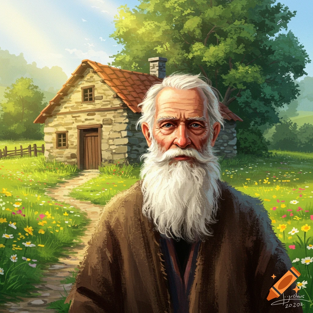 Illustrative portrait of an old man with a white beard, standing on a path in a sunny field with a stone cottage.