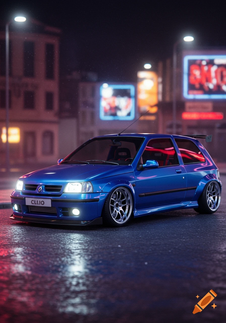 A modified blue Renault Clio hatchback parked on a wet street at night, with glowing neon signs in the blurry city background.