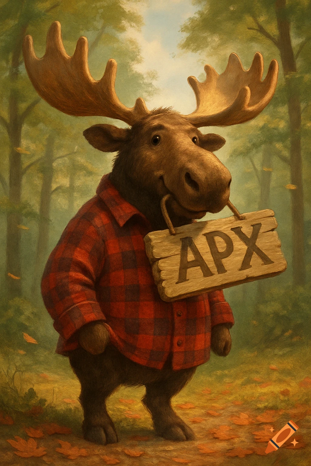 A cute cartoon moose wearing a red plaid shirt holds a wooden sign with "APX" written on it, standing in an autumn forest.