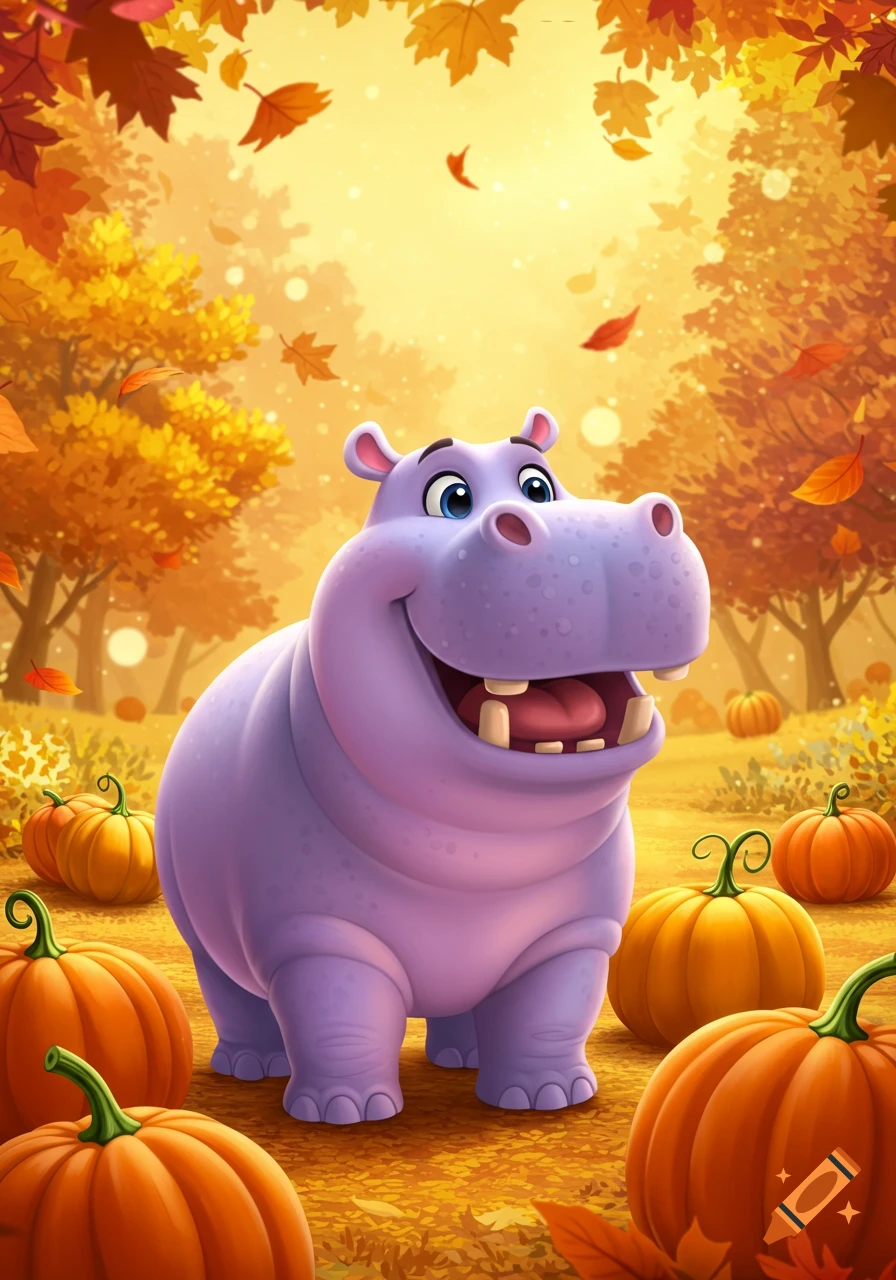 A happy, smiling cartoon hippo stands among pumpkins and falling autumn leaves in a colorful forest illustration.
