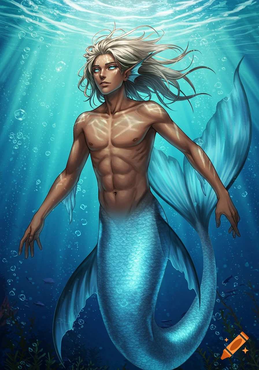 An anime-style merman with long white hair, icy blue eyes, and a blue scaled tail swims in clear blue water.
