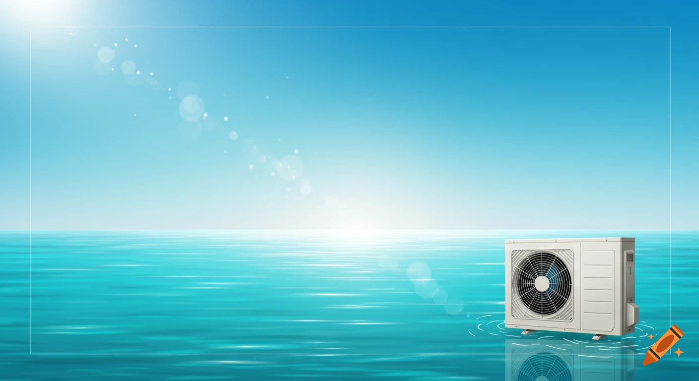 A modern air conditioner unit floats on a calm, turquoise sea under a bright blue sky with sun rays, in an illustrative style.