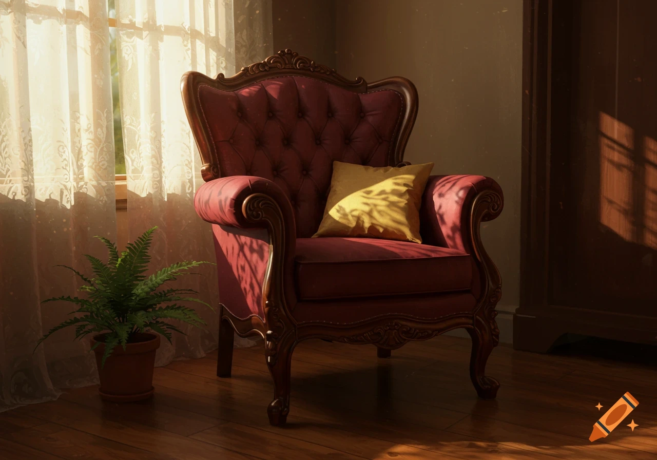 A red velvet armchair with a yellow pillow sits in a sunlit room by a window with sheer curtains, next to a potted fern.