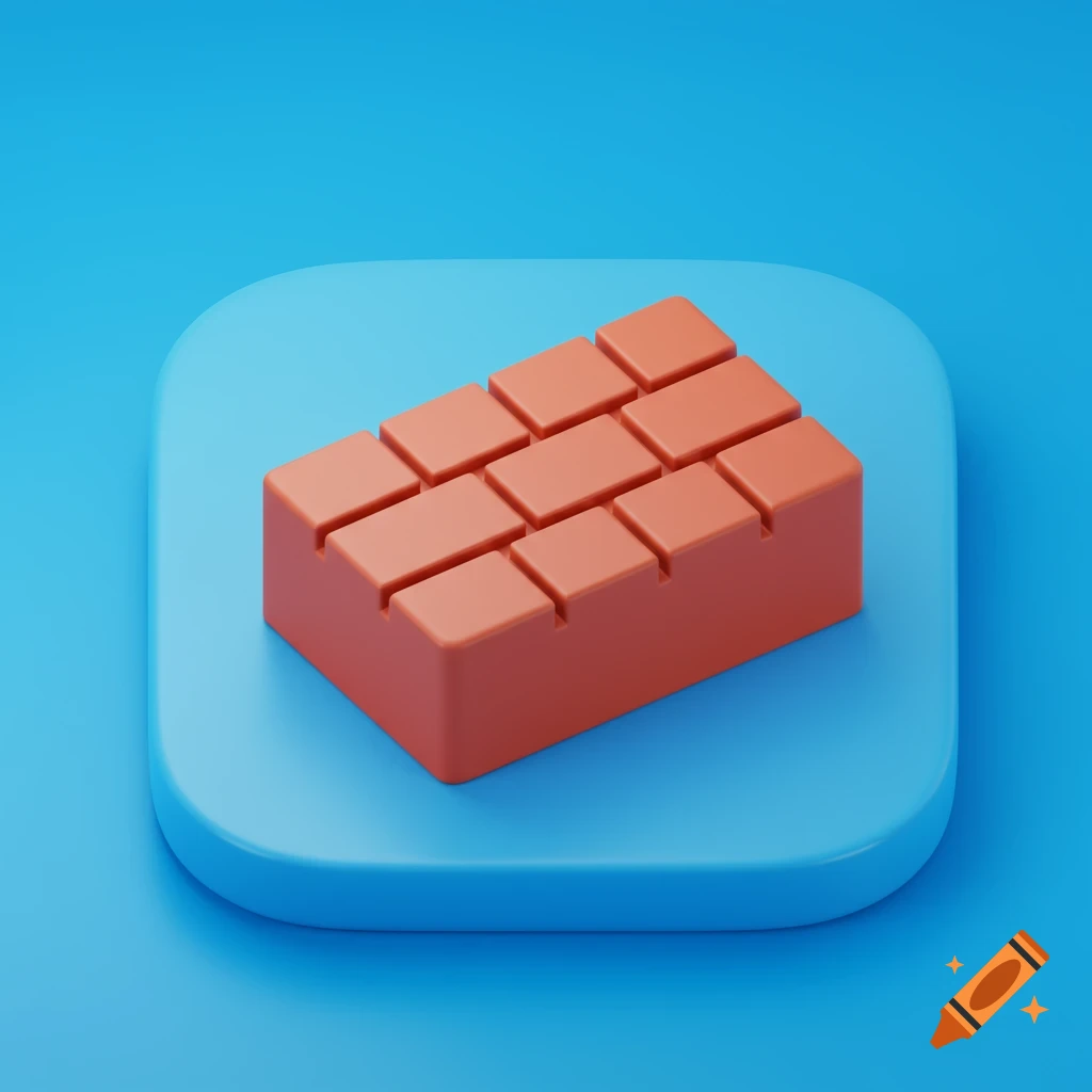 A 3D rendered icon of a textured red brick block on a rounded light blue platform, against a blue background.