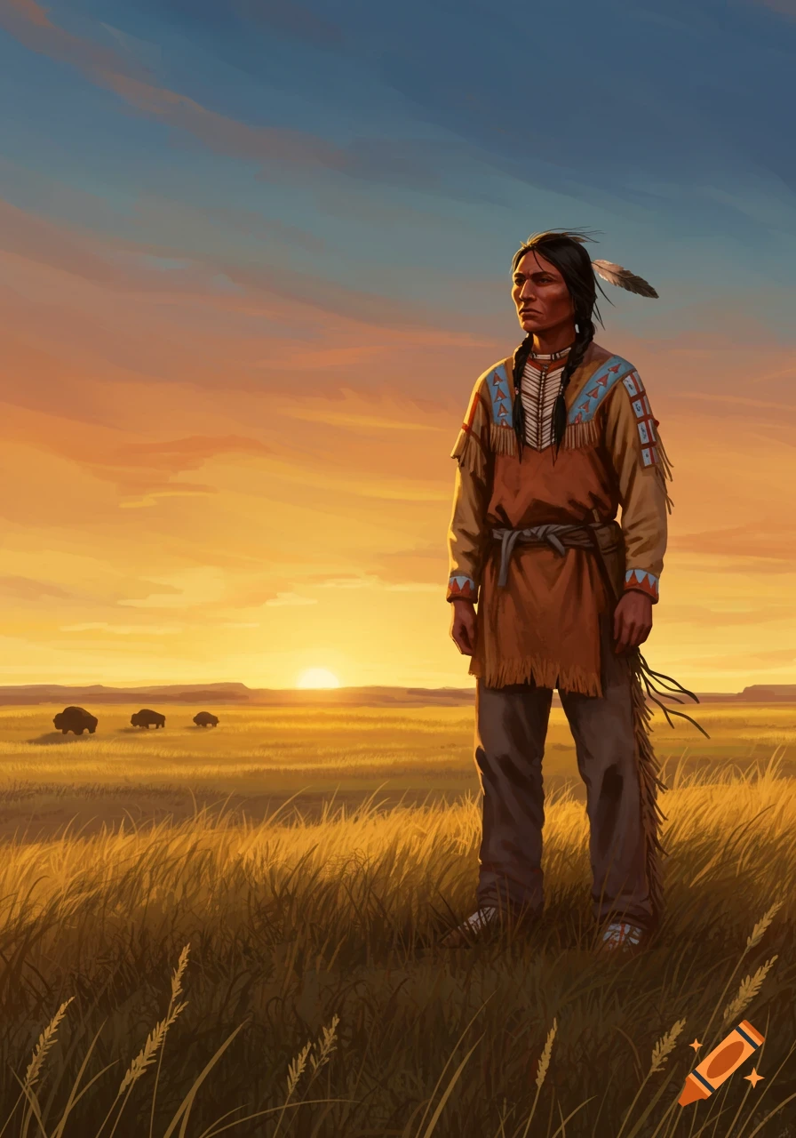 A digital painting of a Native American man in traditional clothing standing in a golden prairie at sunset with distant buffalo.