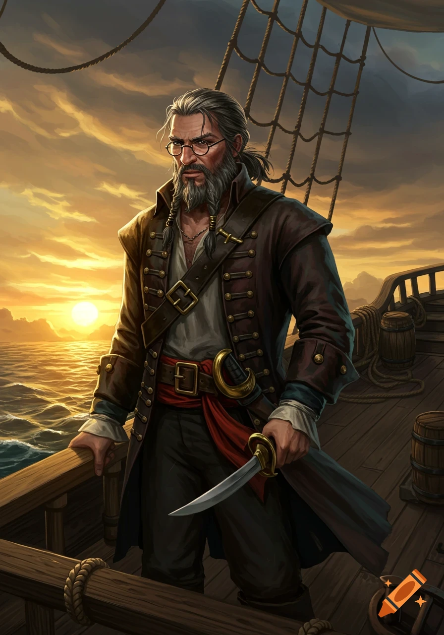 An old pirate with a long gray beard and round glasses stands on a ship deck at sunset, holding a dagger. Digital painting.