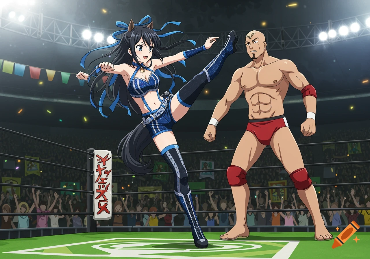 Anime-style image of a female horse girl wrestler in blue kicking a male wrestler in red trunks in a wrestling ring.