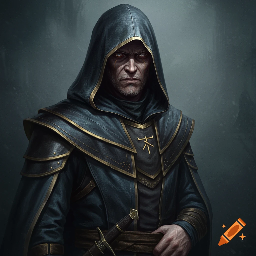 A stern, hooded man in dark robes with gold trim and a chest sigil, holding a dagger, in a dark fantasy style.