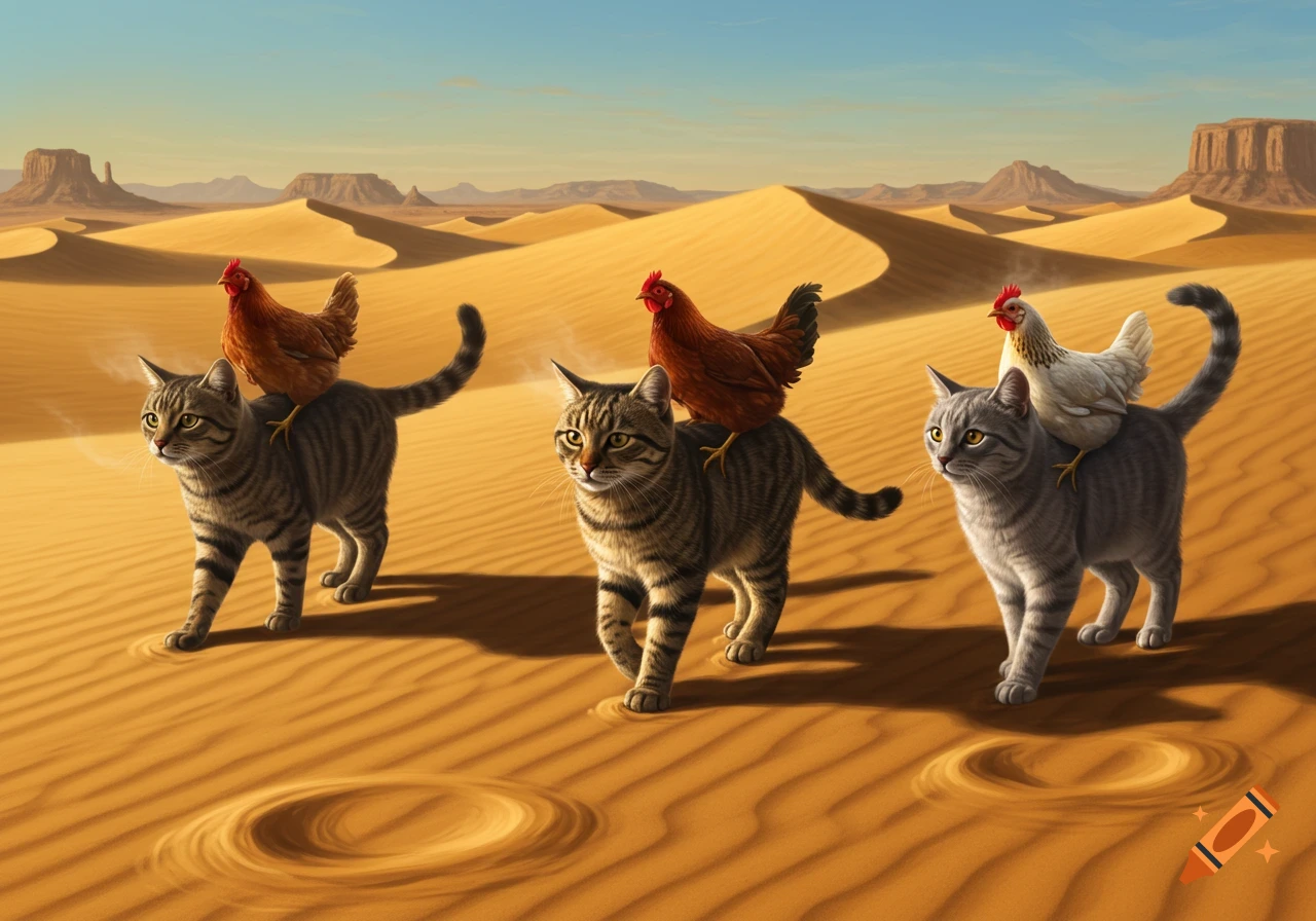 Photorealistic image of three striped cats walking in a desert, each with a chicken riding on its back.