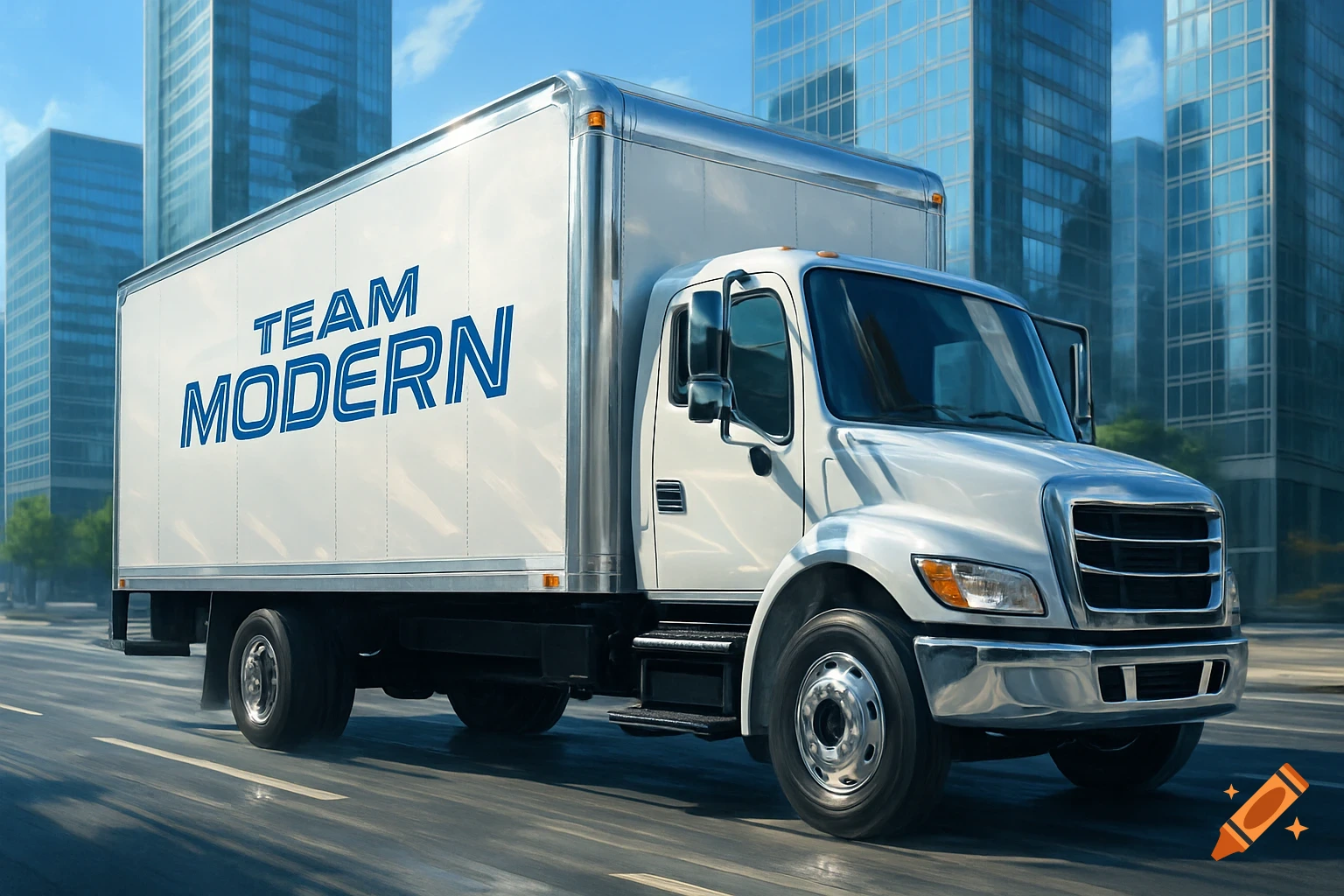 A white delivery box truck with 'TEAM MODERN' on its side drives on a city street with modern skyscrapers.