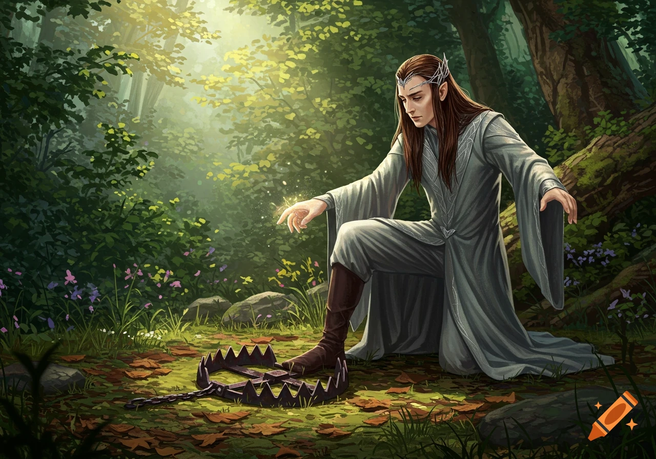 An elf in a gray robe kneels in a sunlit forest, extending a glowing hand towards a bear trap on the ground. Fantasy illustration.