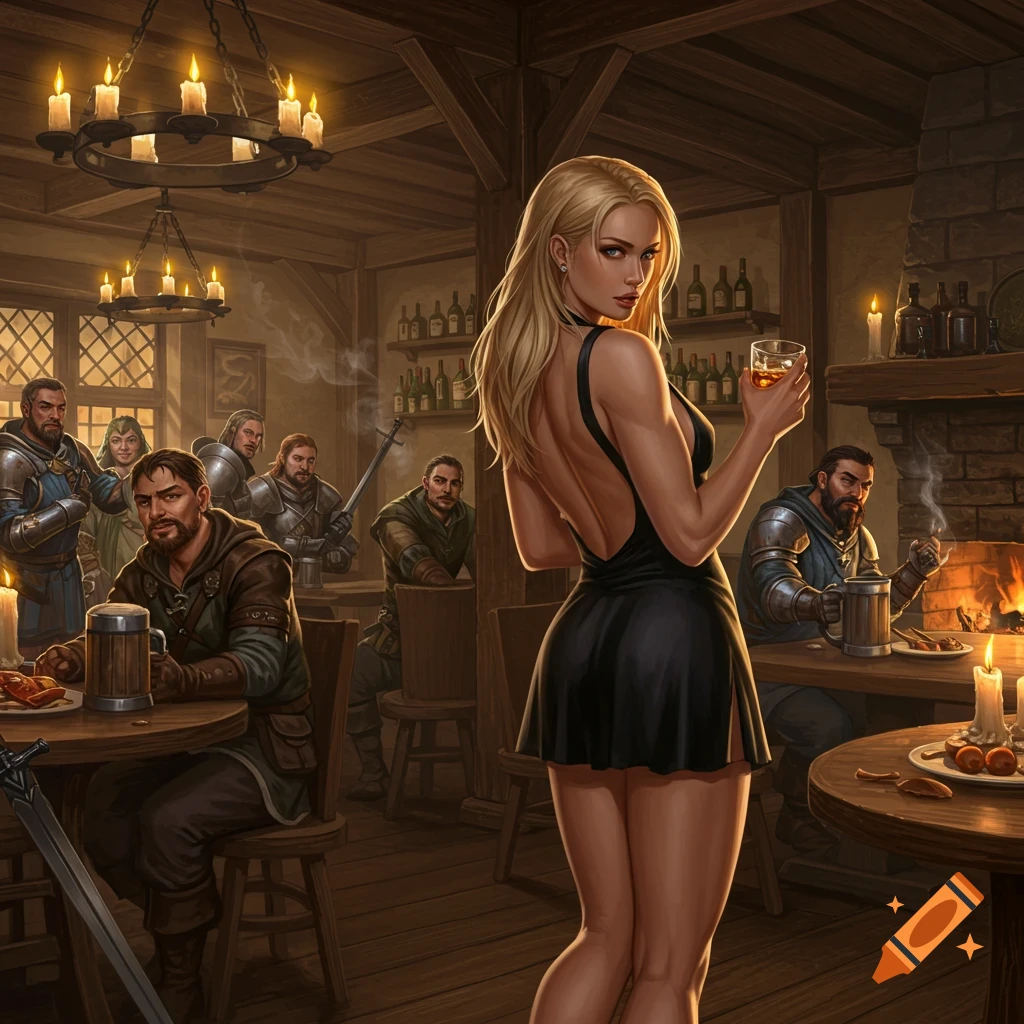 A blonde woman in a short black backless dress holds a whiskey glass, looking over her shoulder in a medieval fantasy tavern with armored men.