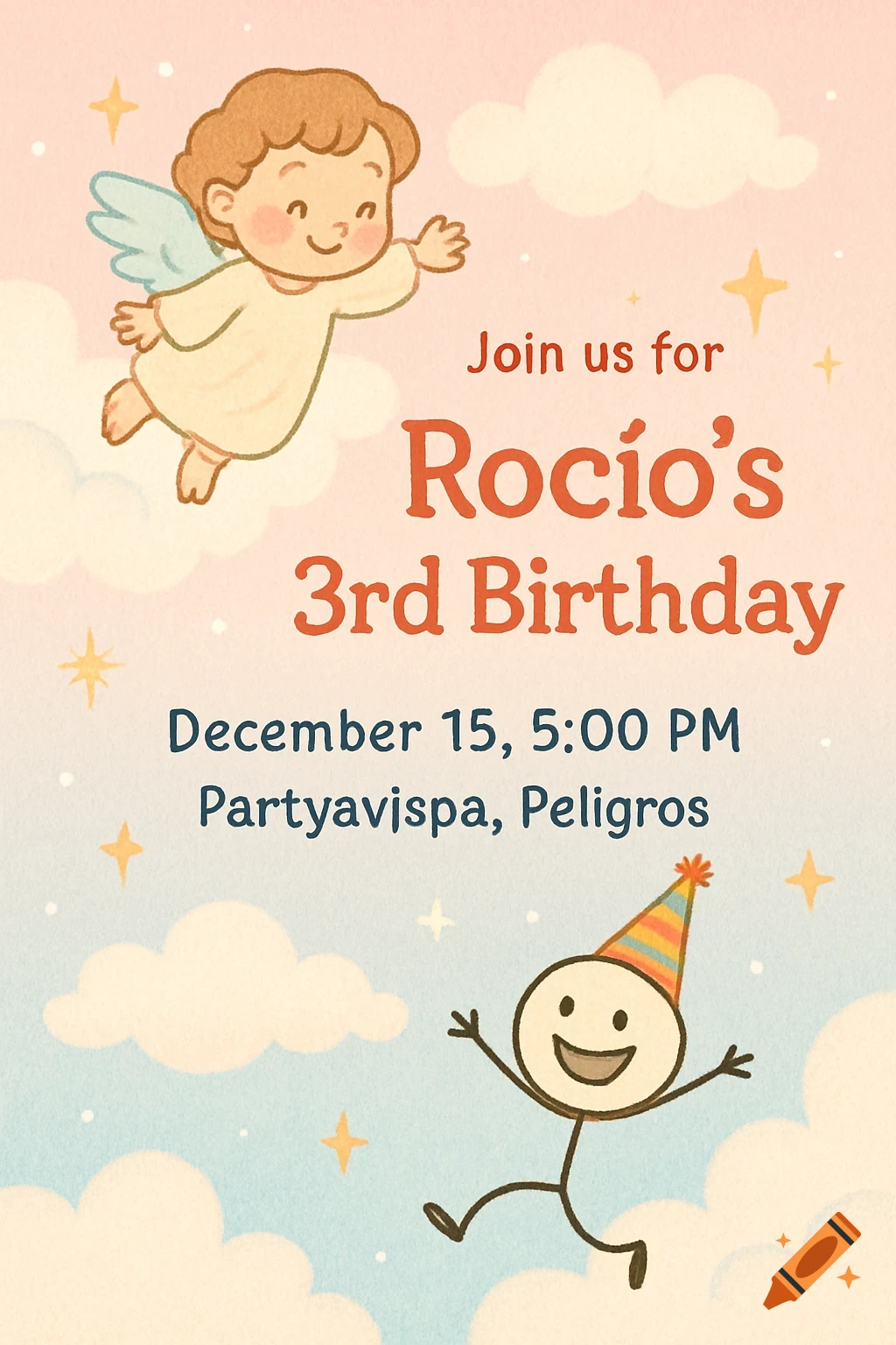 A cute, whimsical birthday invitation for Rocio's 3rd birthday featuring a flying angel and a happy stick figure.
