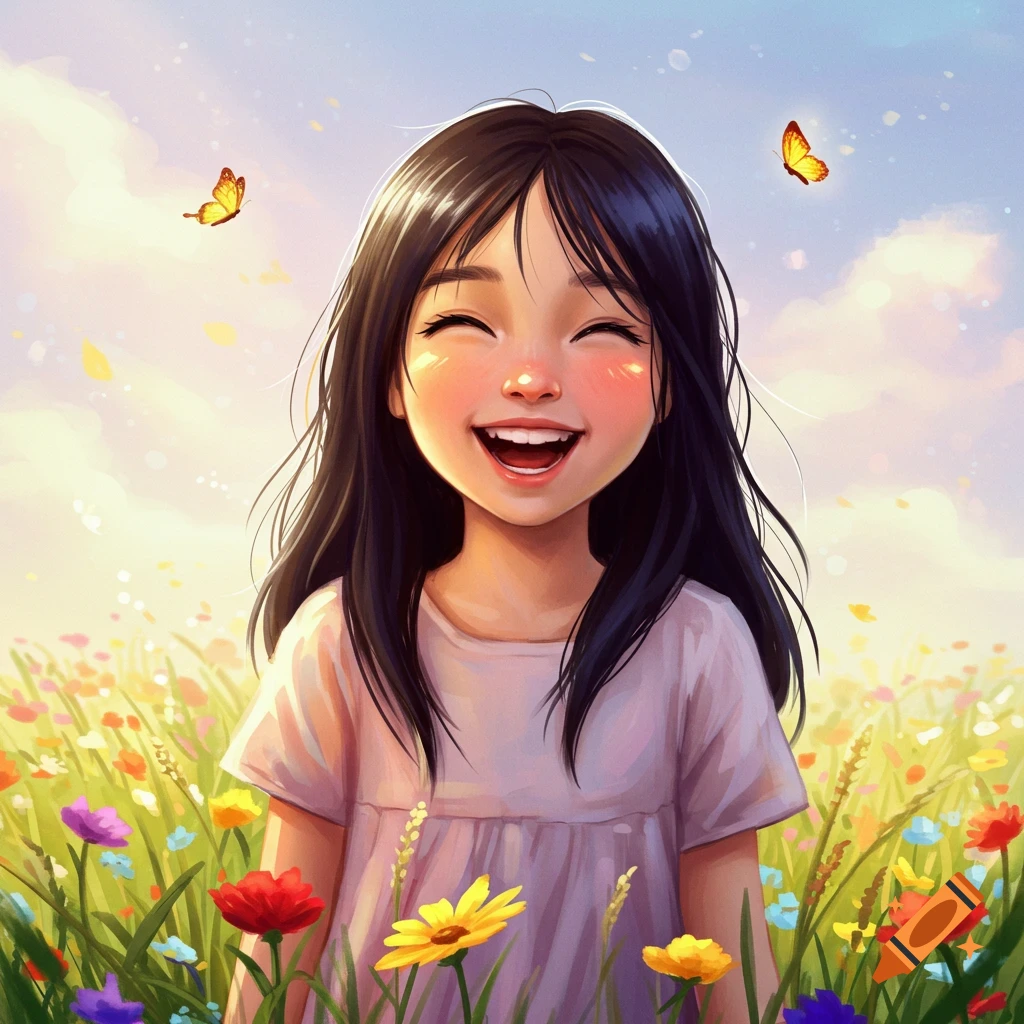 A joyful cartoon girl with dark hair smiles brightly in a colorful field of flowers with butterflies under a sunny sky.