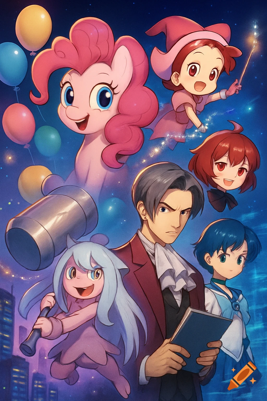 A vibrant anime-style movie poster featuring a collage of characters including Pinkie Pie, Miles Edgeworth, and Sailor Mercury, with balloons and a city skyline in the background.