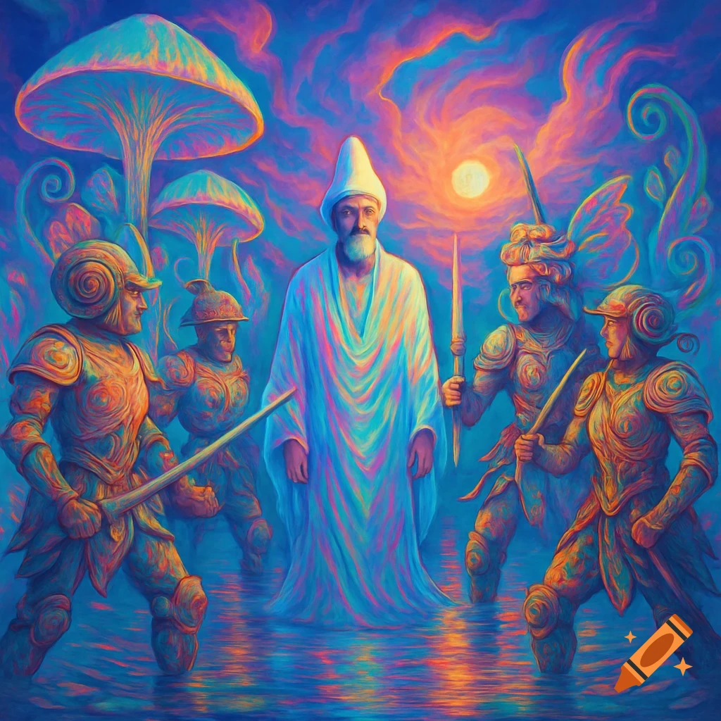 A bearded man in a white robe stands among armored warriors in a shallow pool, surrounded by giant mushrooms under a vibrant, surreal sky, in a painterly style.