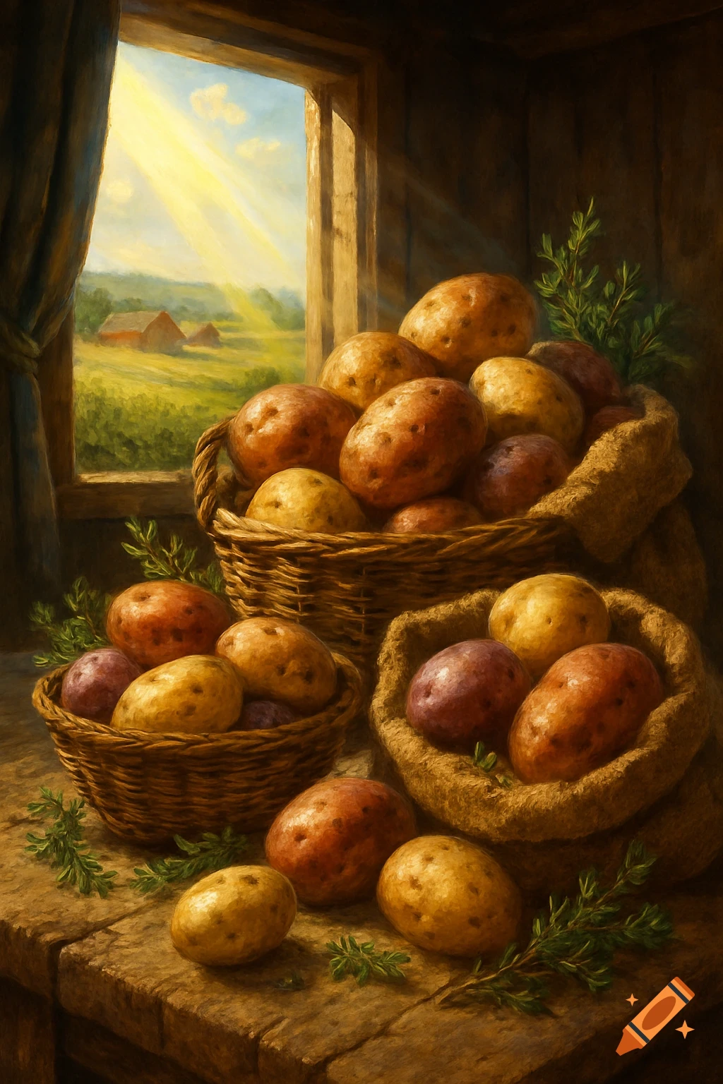 A still life painting shows potatoes in baskets and burlap sacks on a wooden table, bathed in sunlight from a window overlooking a green countryside.