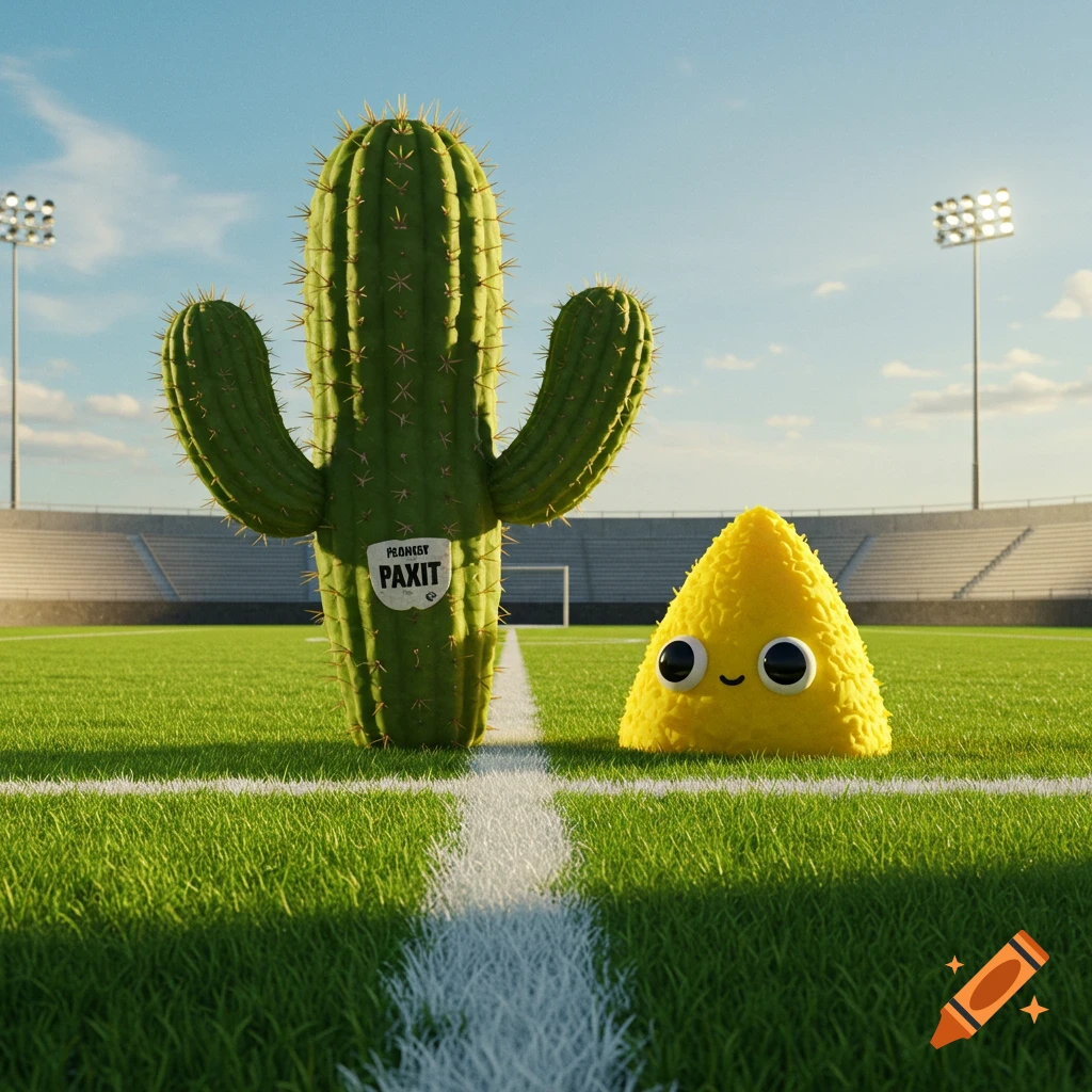 A cartoon green cactus with a label and a yellow pyramid-shaped creature with eyes on a football field.